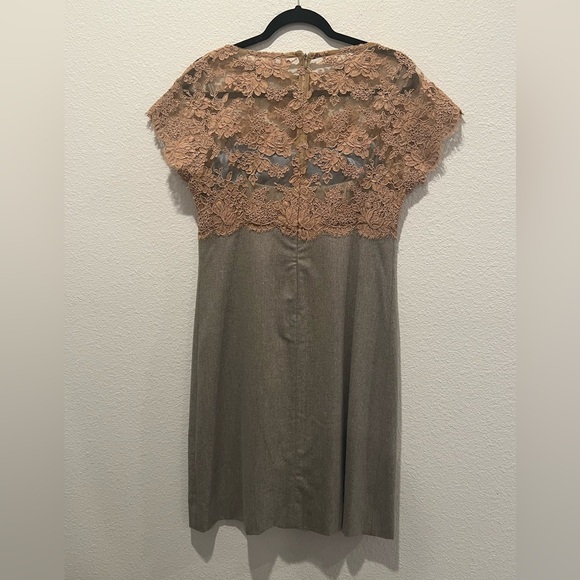 Shannon McLean Tan Gray Flannel Cocktail Dress Lace Bodice Cap Sleeve Size M - Picture 3 of 10
